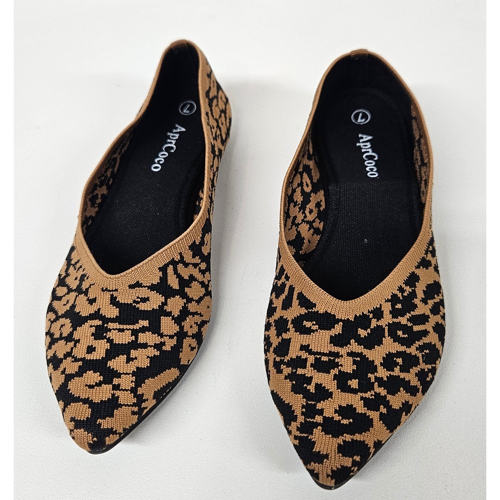 AprCoco Womens Leopard Print Knit Pointed Toe Flats Shoes Tan Black Size 7